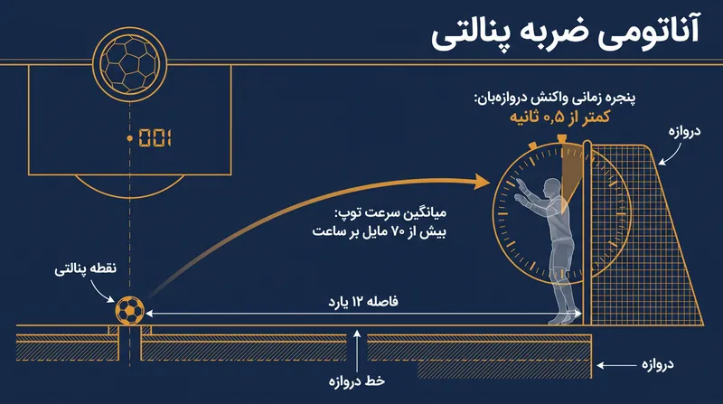 بیومکانیک ضربه پنالتی، کمتر از نیم ثانیه برای واکنش به یک شوت محکم به دروازه‌بان فرصت می‌دهد.