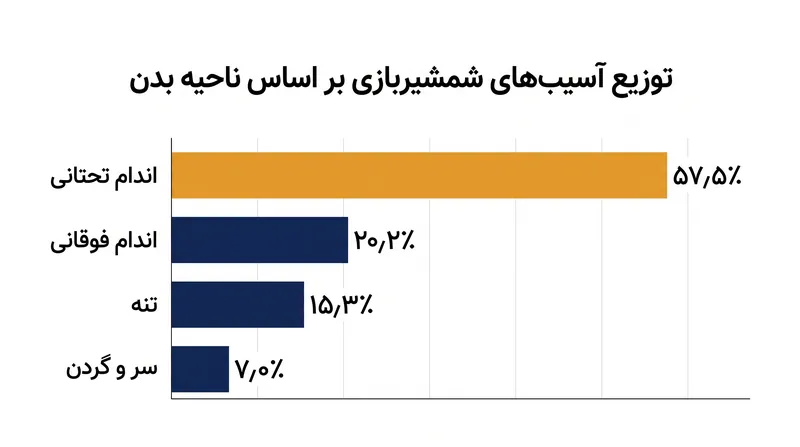 بر اساس یک مطالعه پزشکی ورزشی در سال ۲۰۲۶، اندام تحتانی بیشترین آسیب‌های شمشیربازی را متحمل می‌شود، که ۵۷٫۵٪ از کل موارد را تشکیل می‌دهد.