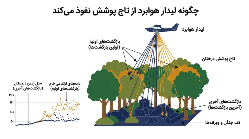 سنجش و تعیین فاصله با نور (لیدار) از میلیون‌ها پالس لیزری برای نقشه‌برداری از زمین لخت در زیر پوشش گیاهی متراکم استفاده می‌کند.