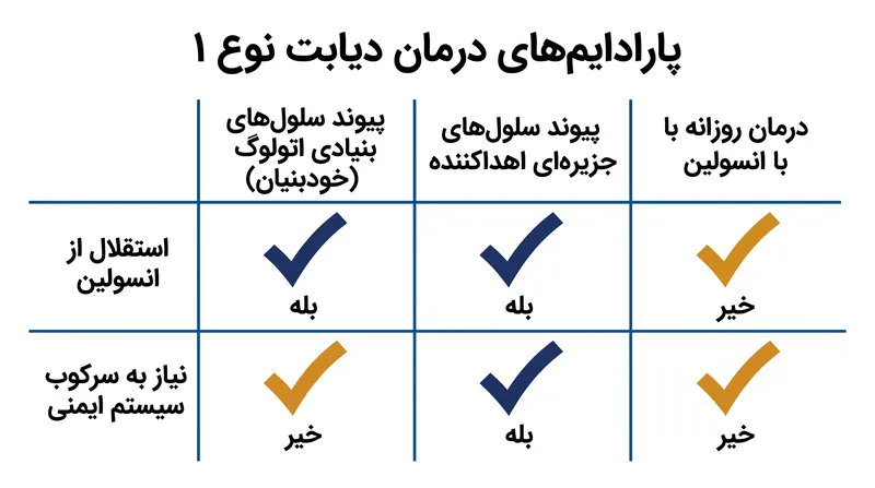 درمان با سلول‌های بنیادی اتولوگ (خودبنیان) اولین رویکردی است که استقلال از انسولین را بدون خطرات جدی داروهای ضد رد پیوند ارائه می‌دهد.