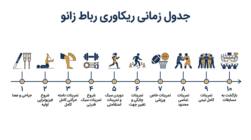 یک جدول زمانی محافظه‌کارانه استاندارد برای بازسازی رباط اصلی زانو در هندبال سطح بالا.