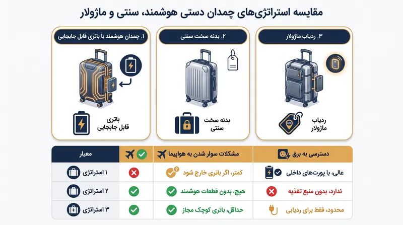 بازار چمدان‌های دستی در سال ۲۰۲۶ بین باتری‌های قابل جابجایی یکپارچه و بدنه‌های سنتی جفت شده با فناوری مستقل تقسیم شده است.