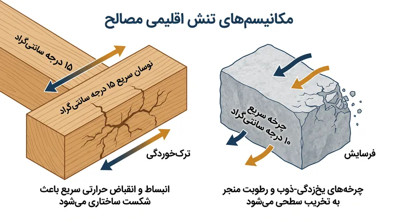 مصالح ساختمانی مختلف دارای آستانه‌های تحمل فیزیکی سختی در برابر نوسانات دما و رطوبت هستند.