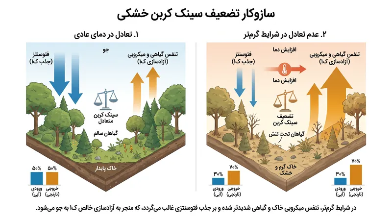 در شرایط گرم‌تر، نرخ آزادسازی دی‌اکسید کربن (تنفس) توسط میکروب‌های خاک و گیاهان، از میزان جذب کربن (فتوسنتز) توسط آنها پیشی می‌گیرد.
