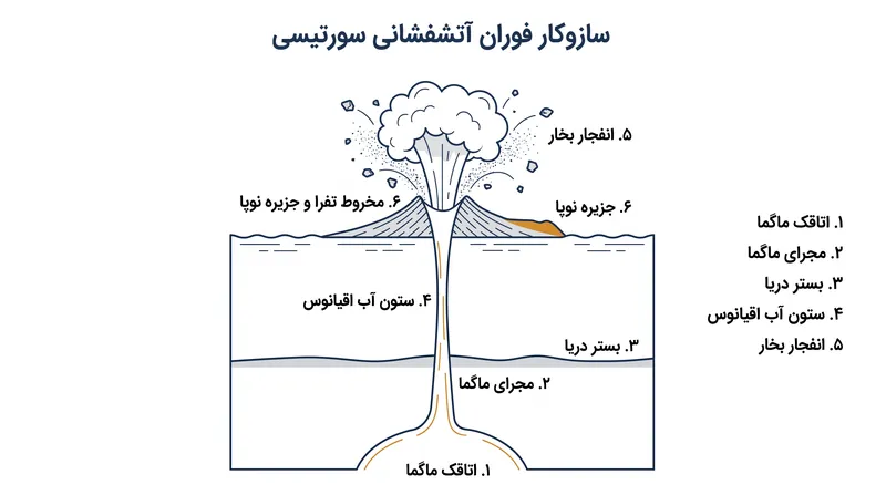 نحوه تعامل ماگمای کم‌عمق با آب دریا برای ایجاد فوران‌های انفجاری سورتیسی و ساخت توده‌های زمینی جدید.