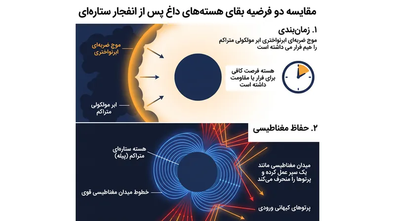محققان دو سازوکار اصلی را برای اینکه چگونه هسته‌های داغ از انفجار ستاره‌ای جان سالم به در بردند، پیشنهاد می‌کنند.