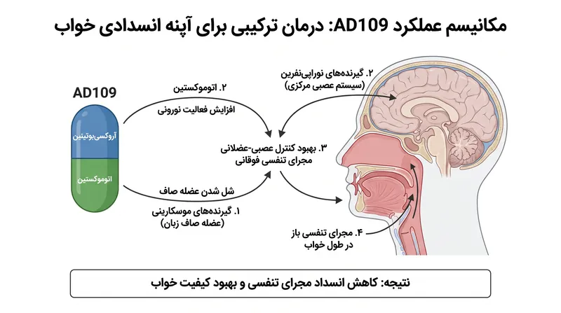 نحوه عملکرد AD109: تحریک عضلات گلو برای جلوگیری از فروپاشی مجرای تنفسی.