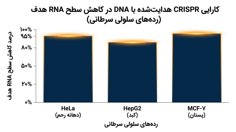در آزمایش‌های آزمایشگاهی، سیستم هدایت‌شده با ΨDNA، RNA عامل بیماری را در رده‌های سلولی سرطانی بهینه‌سازی‌شده تا ۹۵٪ کاهش داد.