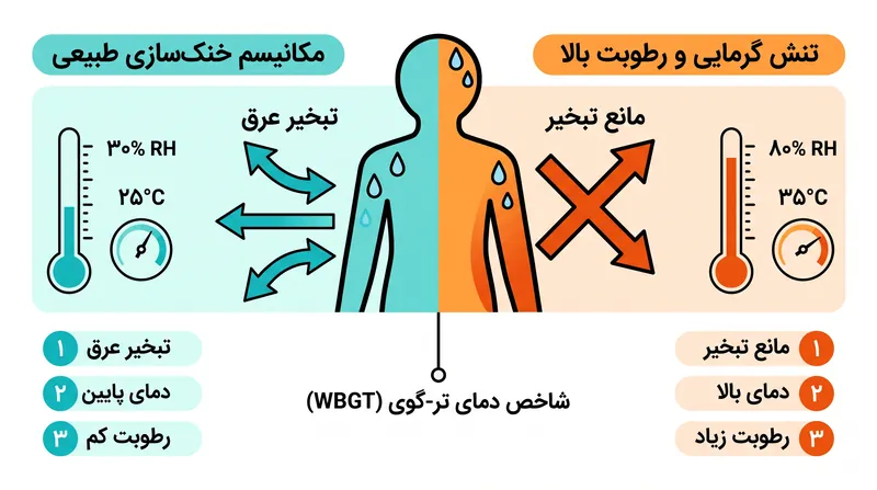 هنگامی که دمای بالا با رطوبت زیاد ترکیب می‌شود، تبخیر عرق بی‌اثر شده و منجر به سطوح خطرناک تنش گرمایی می‌گردد.