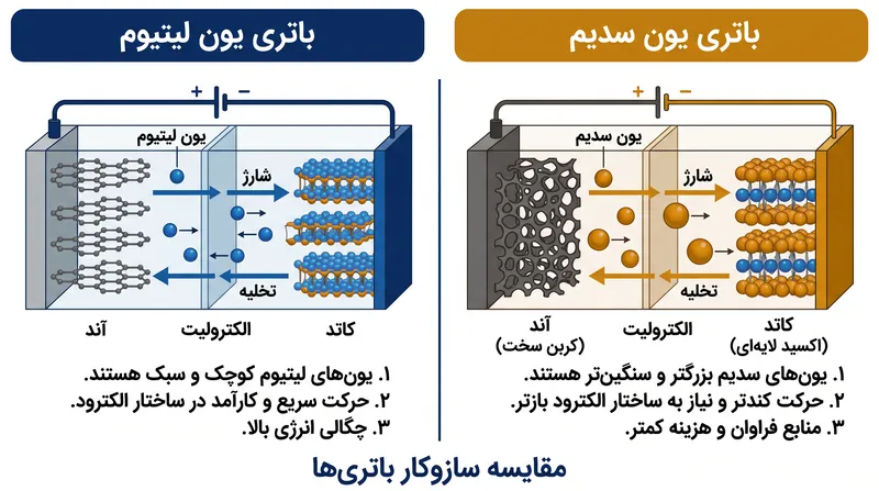 یون‌های سدیم عملکردی مشابه یون‌های لیتیوم دارند، اما از نظر فیزیکی بزرگتر هستند و به مواد آندی متفاوتی مانند کربن سخت نیاز دارند.