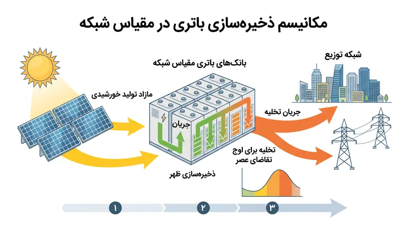ذخیره‌سازی باتری در مقیاس شبکه برای انتقال مازاد تولید خورشیدی ظهر به منظور تأمین اوج تقاضای عصر ضروری است.