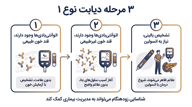 دیابت نوع ۱ پیش از بروز علائم بالینی، در سه مرحله متمایز پیشرفت می‌کند.