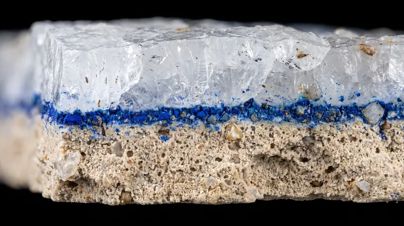 زیر بزرگنمایی میکروسکوپ، رنگ‌دانه فرسکوی واقعی روی سطح نمی‌نشیند؛ بلکه درون کریستال‌های کربنات کلسیم محصور شده است.