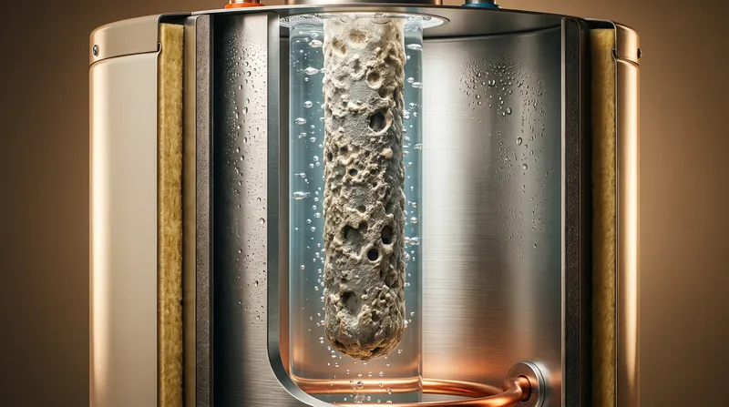 The sacrificial anode rod prevents the steel walls of a water heater from rusting by corroding in their place.