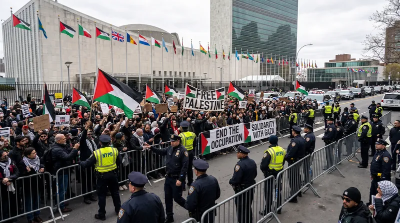 Demonstrators gather outside the United Nations headquarters in New York City ahead of the Israeli prime minister's address.